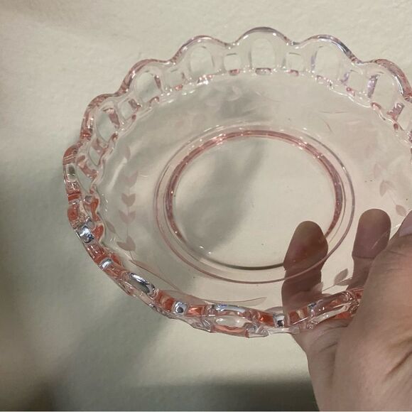 Vintage Pink Lancaster Glass Open Work Lace Nappy Bowl Dish Etched Floral 7" - Picture 7 of 8